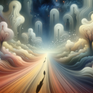 DALL·E Illustration of a dreamy surreal landscape with shadowy figures in the distance representing the blurred line between sleep and wakefulness